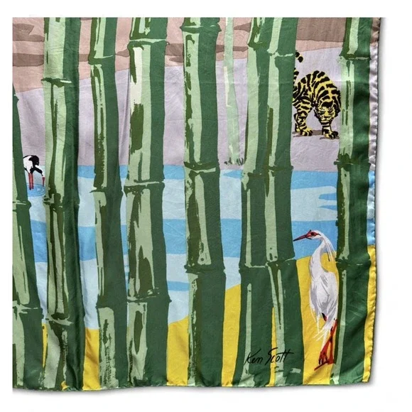 Vintage KEN SCOTT Silk Scarf  1970s "Animalia" Tiger Crane Bamboo‎ Print Flaws - Picture 8 of 13